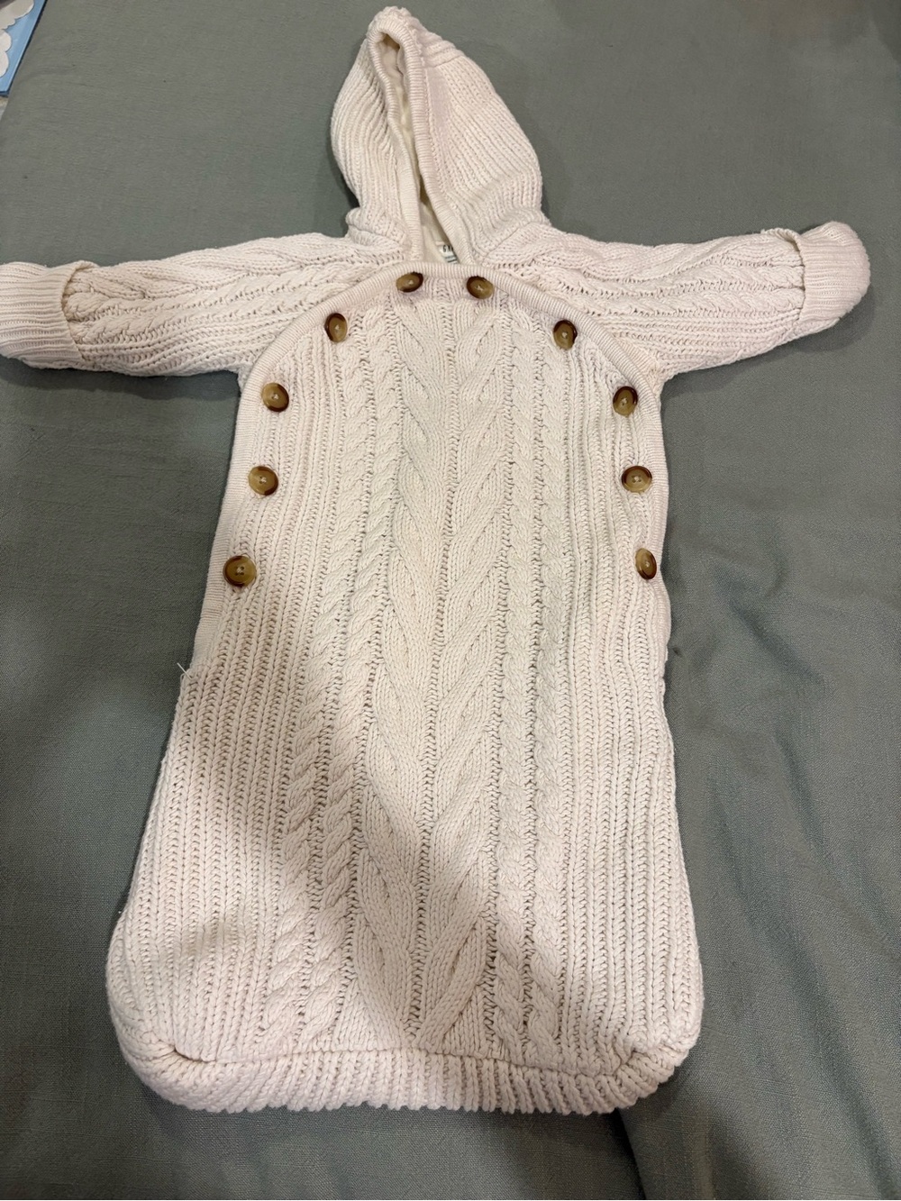GAP Cream Cable Knit Hooded Baby Bunting with Wooden Buttons